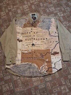 Ralph Lauren Map-Print Lightweight Shirt  Khaki Australien Size Large 1990's